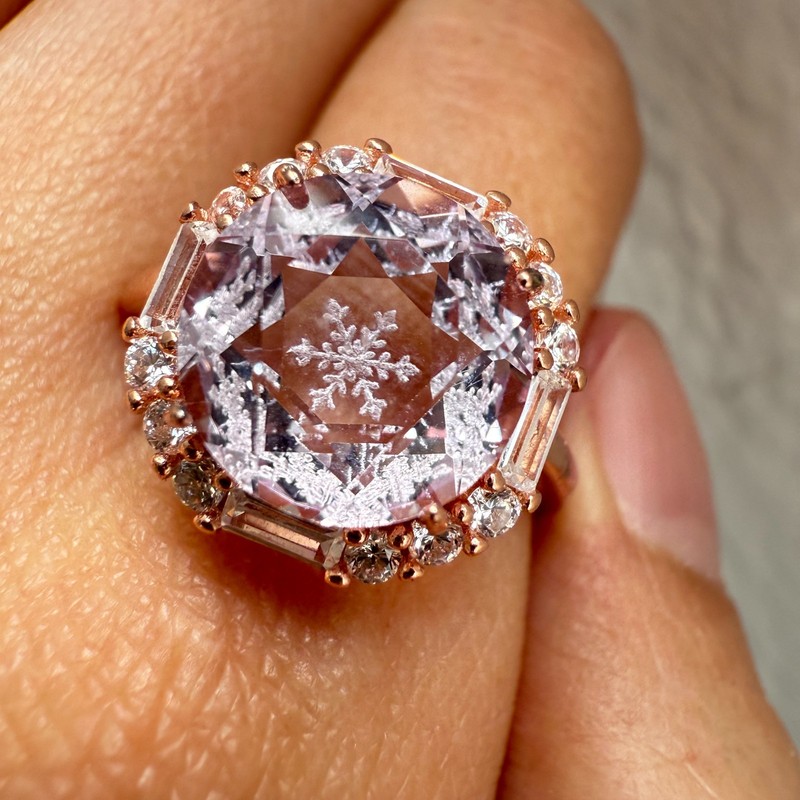 925 Sterling Silver Ring 10mm Natural Snowflake Carved Amethyst Zircon Handmade