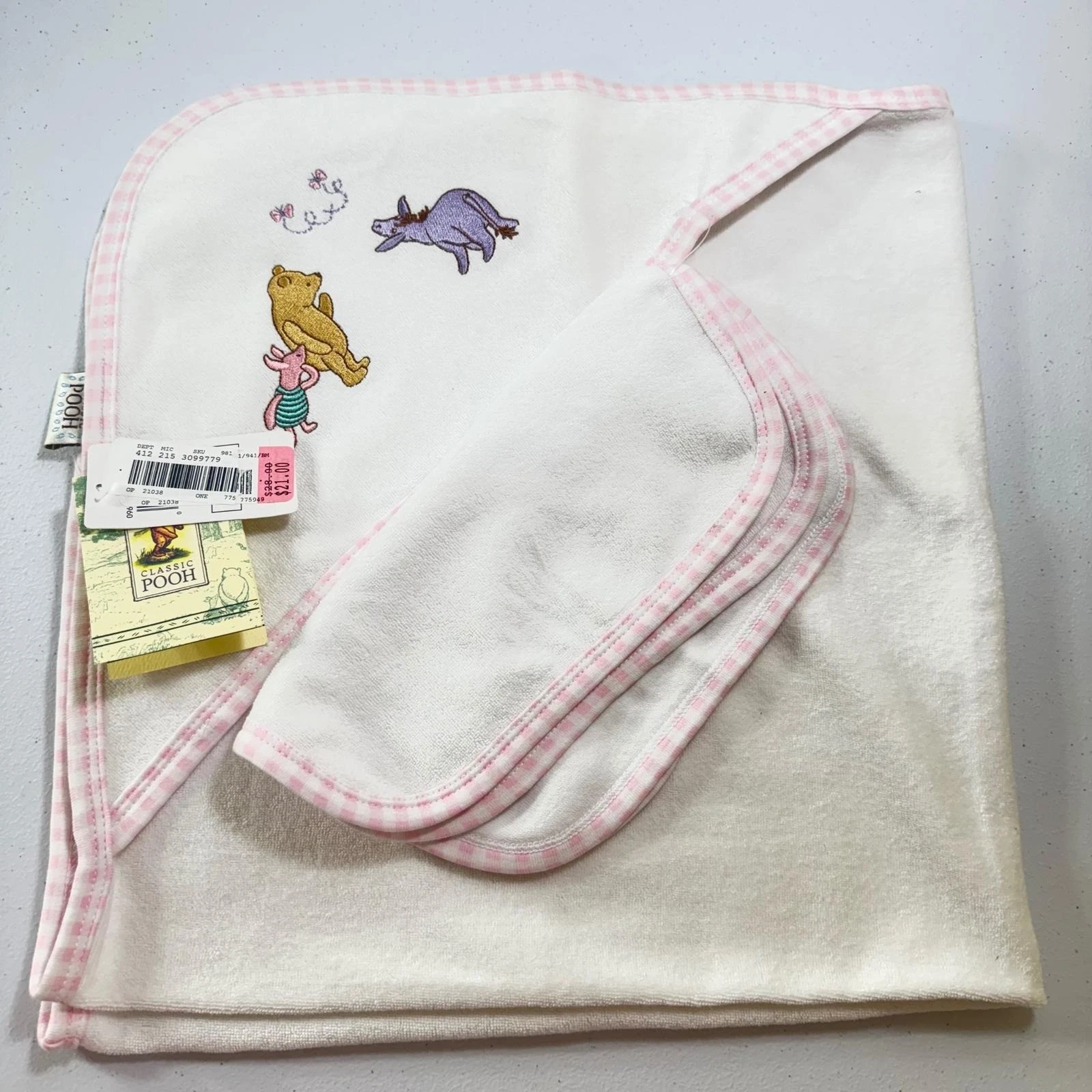 VTG Disney Classic Winnie the Pooh Terry Hooded BabyTowel Washcloth Set Gingham