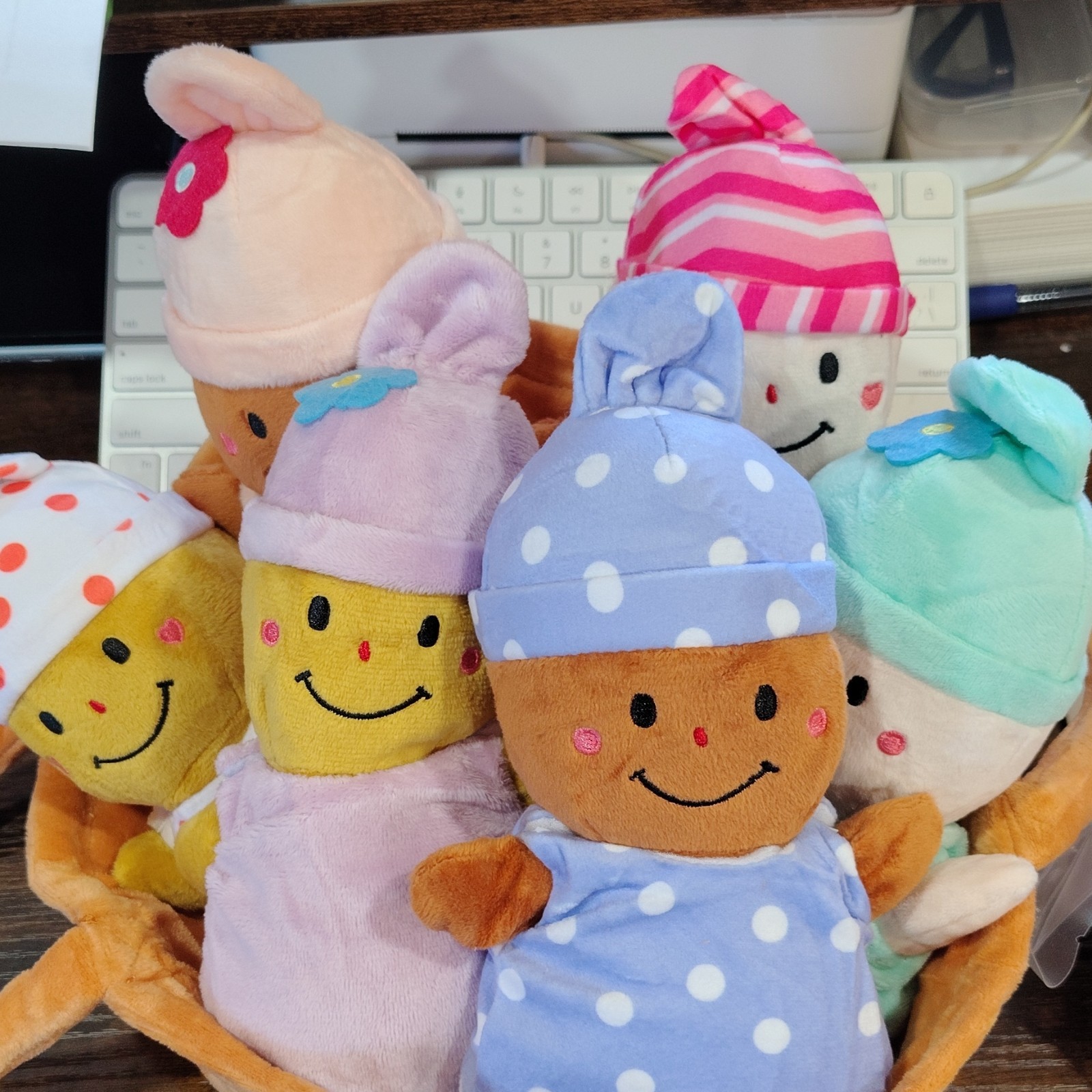 Set of 6 Plush Baby Dolls in a soft basket, Multicolor Polka Dot Outfits