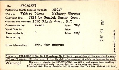 Tune-Dex Nagasaki Mort Dixon Harry Warren 1943 Lead Sheet ASCAP Tin Pan Alley