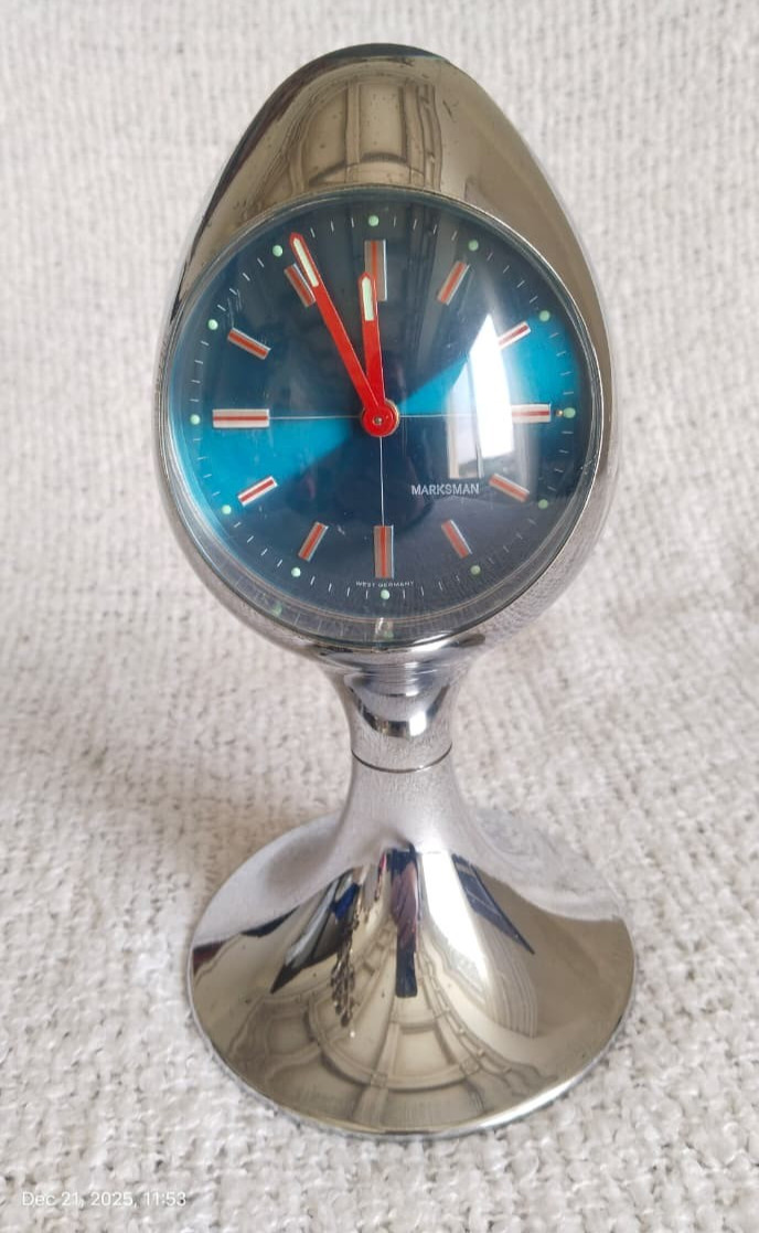Vintage Alarm Clock by Marksman "Space Age" chrome Shaped 70s West Germany