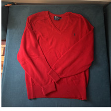 Vintage Polo Ralph Lauren Men  s Red Wool V-Neck Pullover Sweater M Knit Logo