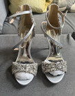 Badgley Mischka Silver Rhinestone Ankle Strap Stiletto Open Toe Satin Heels — photo 1
