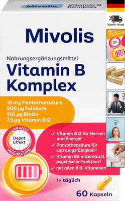 Vitamin B-Komplex Kapseln - Nahrungsergänzungsmittel mit 60 Stück und 33g Mivoli