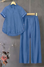 Women s 2pc Outfit Set Blue V-Neck Short Sleeve Top Wide-Leg Pants Elastic