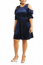 Poof Apparel Womens Velvet Cold Shoulder Dress Ruffle belted Blue Size 2XL