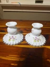 Vintage Fenton hand painted Violets In The Snow ruffled candlestick holders