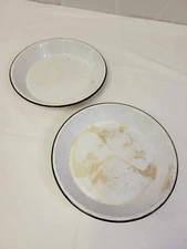 2- Antique White w/ Black Rim Enamelware Graniteware 9" Pie Pan Plates