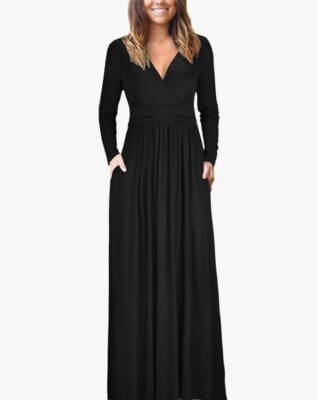OUGES Women's Long Sleeve V-Neck Wrap Waist Maxi Dress Size Large A-7