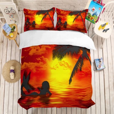 3D Mermaid Sea Sunset Palms Clouds Quilt Cover Set Bedding Sets Pillowcases 64