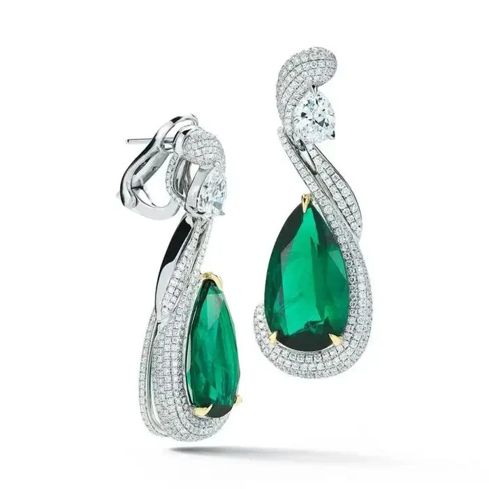 Handcrafted With 13.96CT Pear-Shaped Emeralds & Simulated Sapphires Earrings - Image 3 of 4