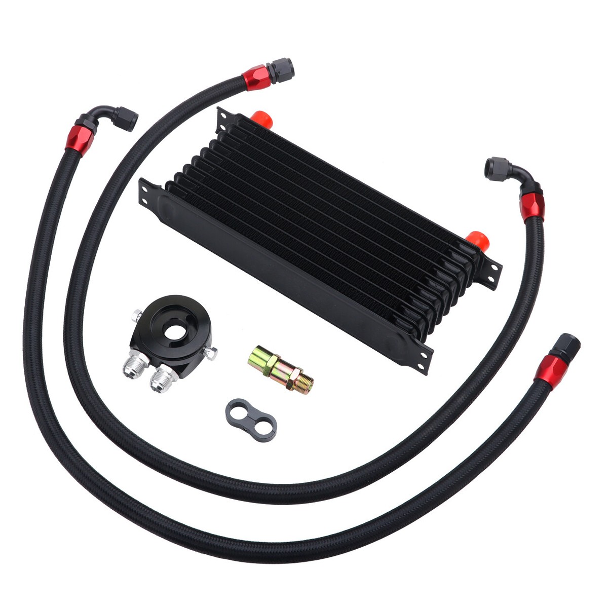 G-PLUS 10-Row Universal Engine/Transmission Oil Cooler Kit - With Filter Adapter & Hoses, 10 AN Fittings, Aluminum
