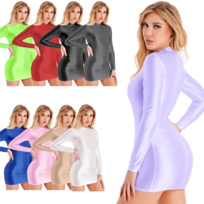 Womens Glossy Long Sleeve Mini Dress Stretchy Smooth Mock Neck
