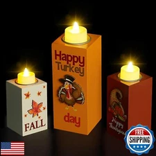 BlcTec Thanksgiving Decorations Indoor, 3 PCS Wood Candle Holders with LED Te