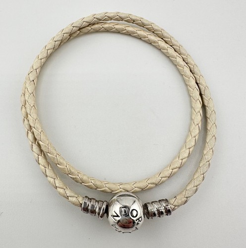Pandora 925 Sterling Silver Cream Braided Leather Wrap Charm 13” Bracelet - Picture 3 of 8