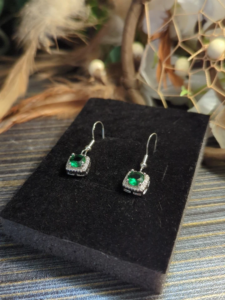 Sterling 925 Emerald Sapphire Lab Created Dangle Earrings Brilliant Square... - Image 2 of 4