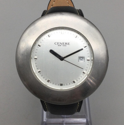 Cenere New York Watch Unisex 44mm Silver Tone Date Black Leather New Battery