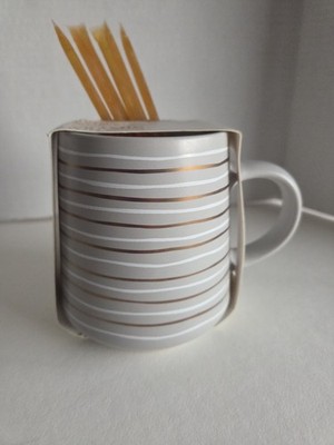 Thyme & Table Striped Grey White Gold Ceramic 16 oz Coffee Cup/Mug NEW Honey Tea