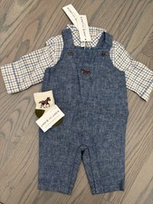 NWT Janie and Jack boy SPRING 3-piece horse denim overalls plaid socks SET 0 3