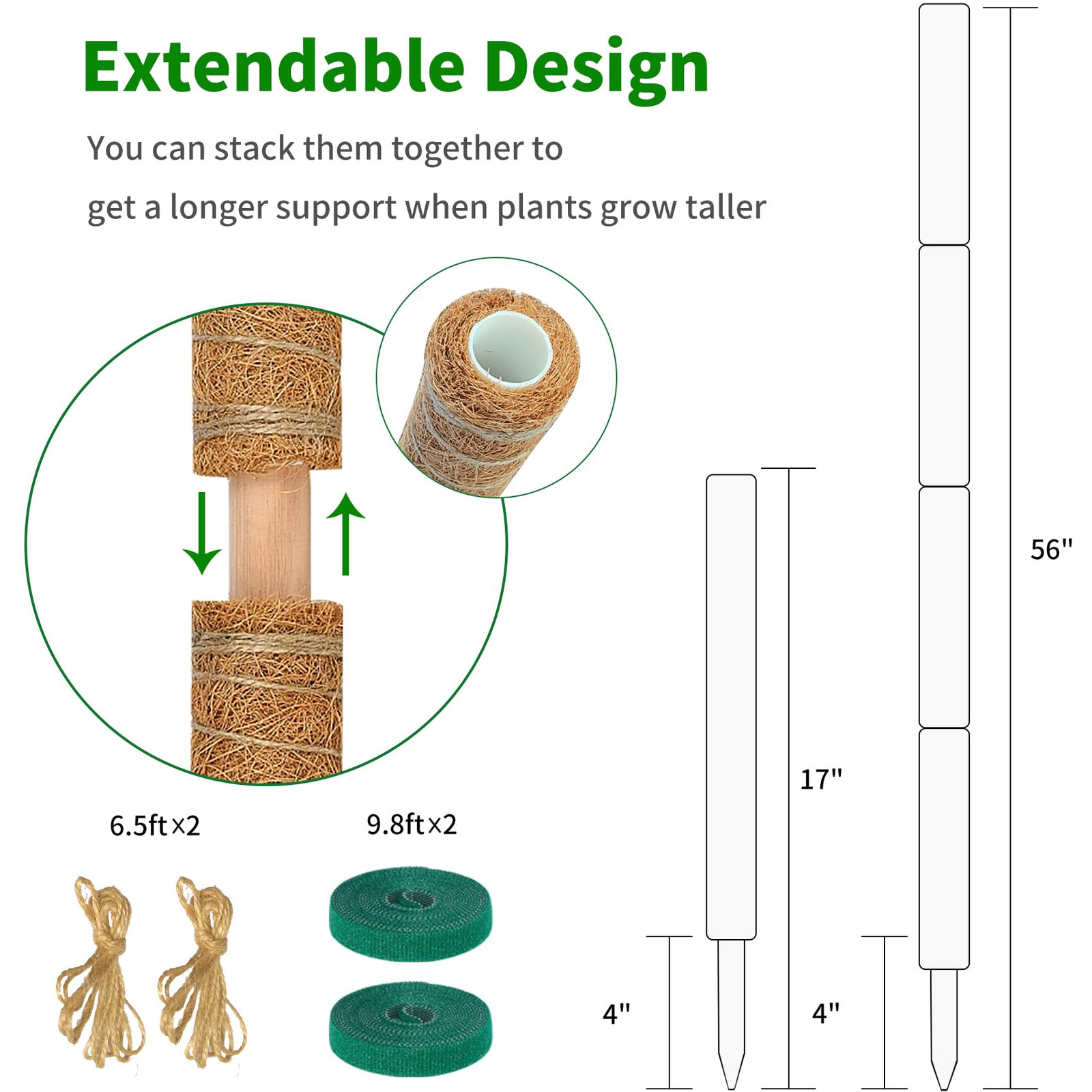 Moss Pole, 4 Pack 17inch Monstera Plant Support Stackable Moss Poles for Plants