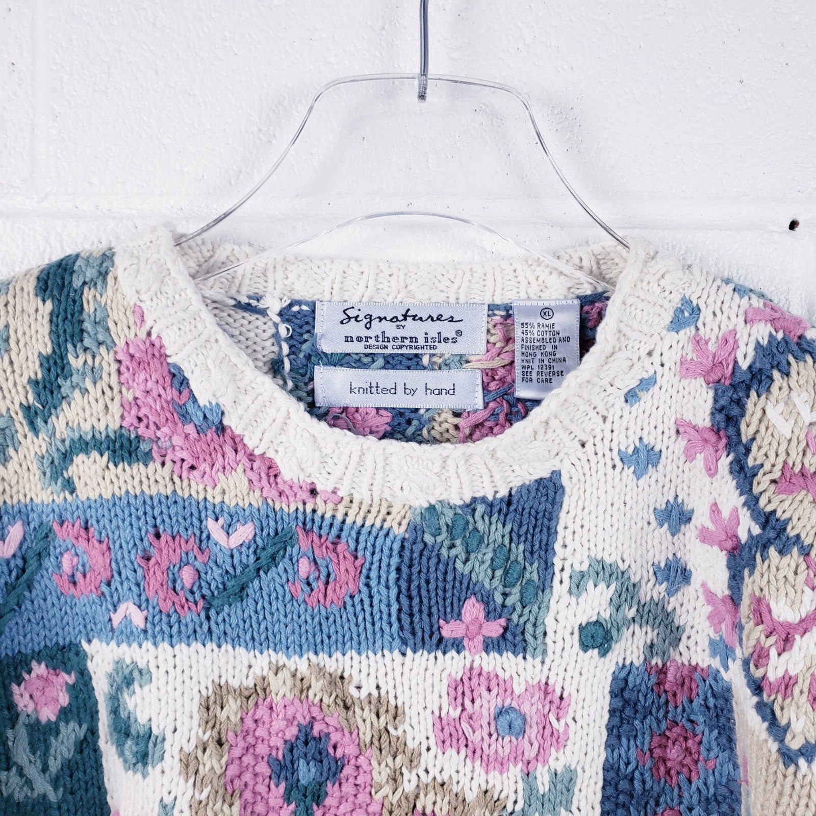 Signatures by Northern Isles Sweater Multicolor Patchwork Hand Knit Floral XL image 3