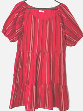 DYLAN Womens Red Striped Dress Small Tiered Puff Sleeves Boho Prairie Lined