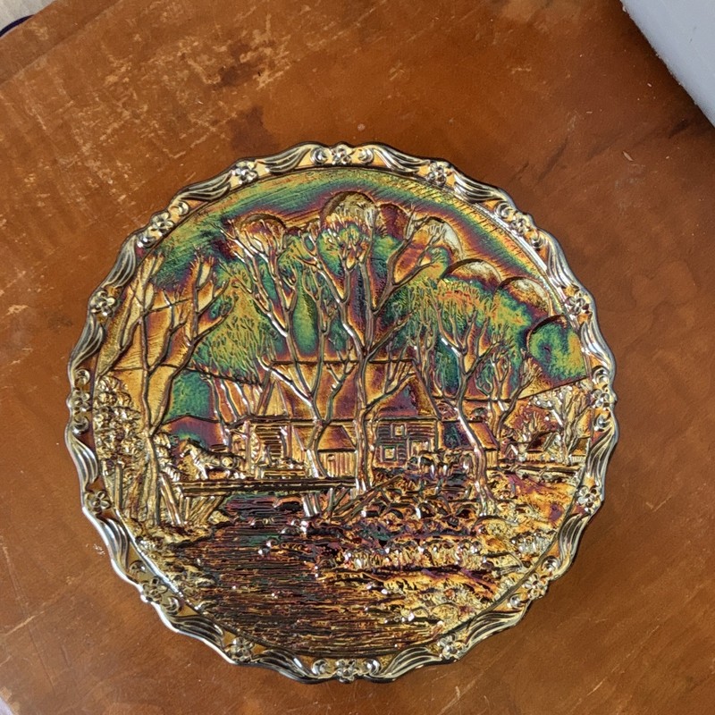 Fenton Winter in the Country Collector Plate Iridescent Carnival Glass 1902