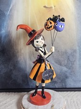 Bella Lux Halloween Witch Girl Figurine Holding Pumpkin Balloon Cat Bat 12" Htf