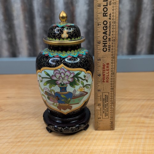 Cloisonne Ginger Jar w/ Lid & Wooden Stand Vase Urn Container Floral 6.5" - Picture 22 of 22