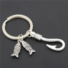 Fish & Fishing Hook Keychain - Silver Charms, Gift for Dad Father's Day, Bass