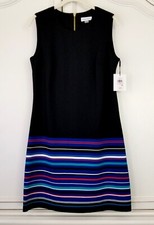 Calvin Klein Black Blue Stripe Sleeveless Stretch Knit Sheath Dress 10 NWT