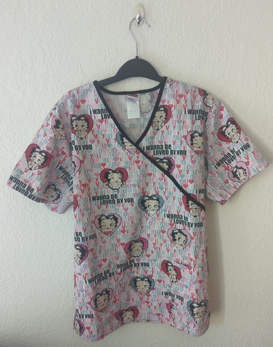 Betty Boop Scrub Top Shirt I Love You Pink Black Hearts Valentines Womens Medium - Picture 3 of 9