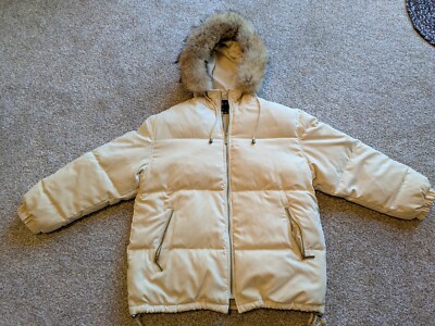 Anne Klein II Women's Medium Ivory Real Down Coat with Real Fur  Hood(Detachable)