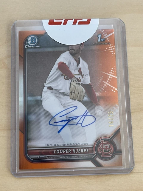 🔥🍊Cooper Hjerpe 2022 Bowman Chrome Draft 1st Orange Auto /25 Cardinals🔥🍊