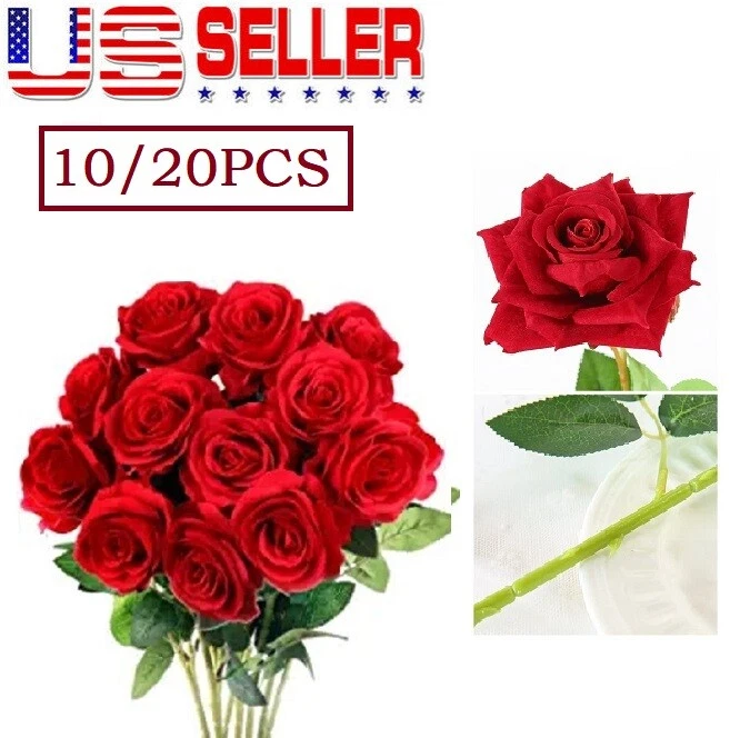 20 peças rosas de seda vermelha flores artificiais buquê realista decoração para casa namorados - Imagem 2 de 4