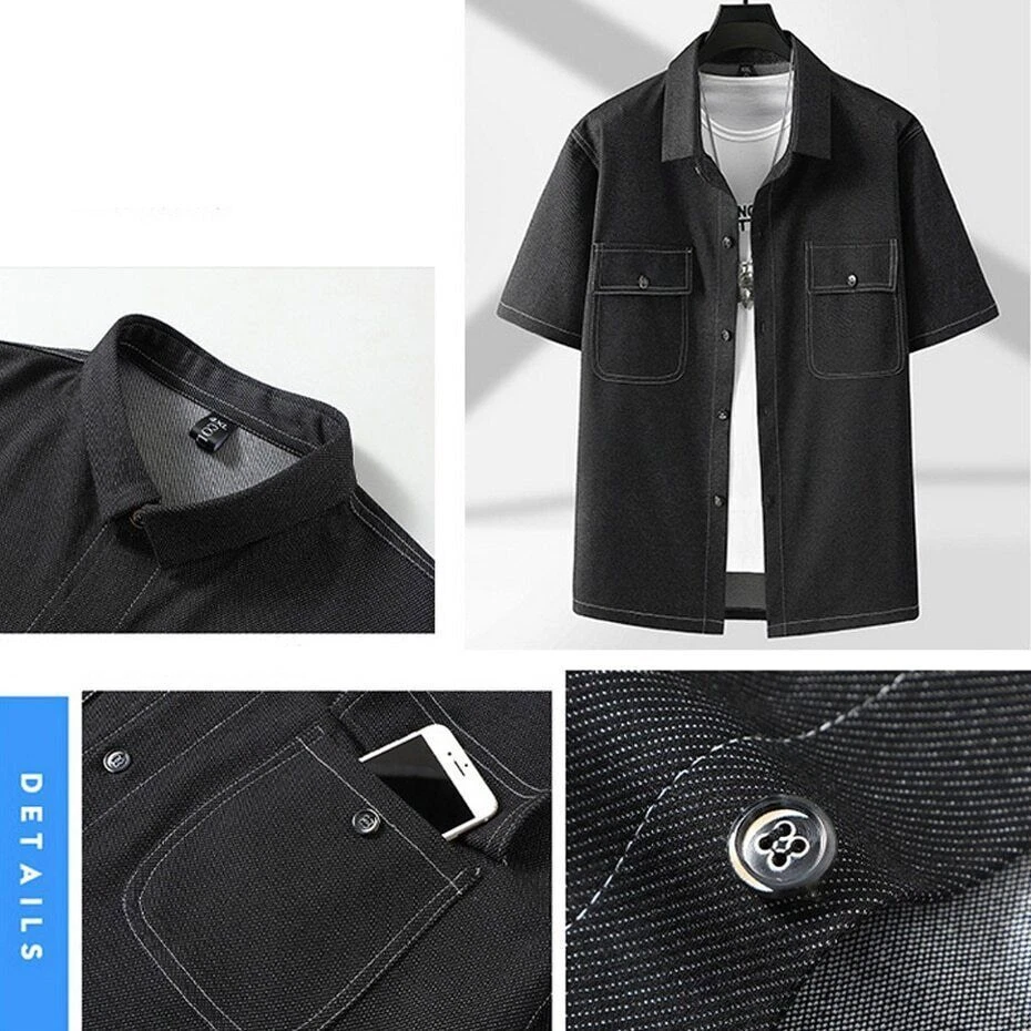 Camisas de verano Pantalones cortos Trajes de mezclilla Conjunto para hombre Moda Informal Color liso Camisa de jean Foto 4 de 4