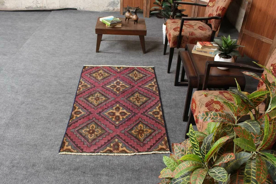 3x4 Classic Vintage Hand Knotted Purple Geometric Wool Oriental Area Rug - Image 3 of 4