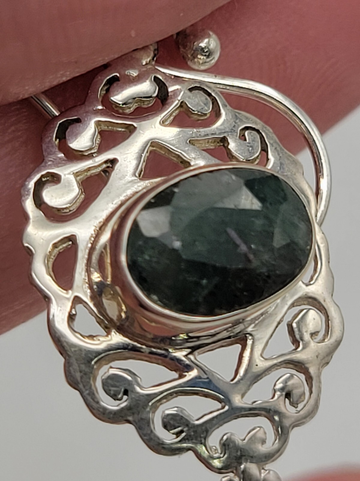 Sterling Silver Scroll Deep Green Gemstone Dangle… - image 5