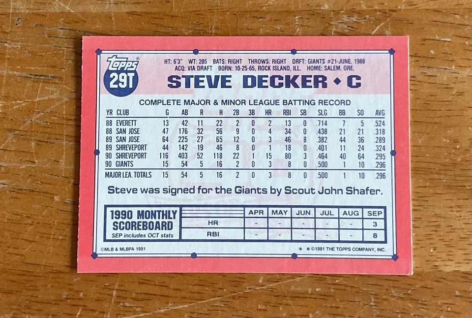 Steve Decker San Fran Giants Signed Autograph 1991 Topps Traded Baseball Card - Image 2 of 2