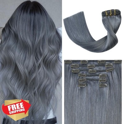 UGOTRAYS 12 Inch Gray Remy Human Hair Clip In Extensions 70G 7pcs