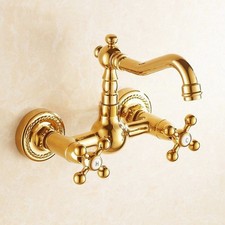 Polished Gold Brass Wall Mount Bathroom Sink Faucet Dual Handle Basin Mixer Tap