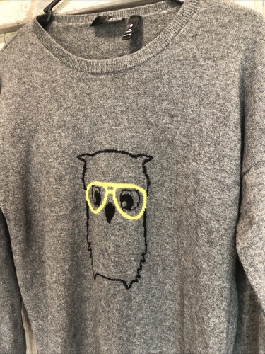Owl In Eyeglasses Gray 100% Cashmere Sweater Bookish Preppy Librarian Aqua Large - Picture 3 of 14
