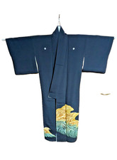 Vintage Black Tomesode Kimono Yellow Blue Wave Pattern, 65cm 152cm