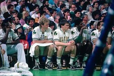 Larry Bird Rick Carlisle and Robert Parish Boston Celtics sit on t- Old Photo