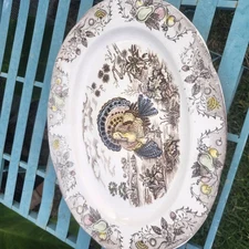 Vintage COLORFUL Turkey Meat Platter Transfer ware Corona Brand 14/18.5 