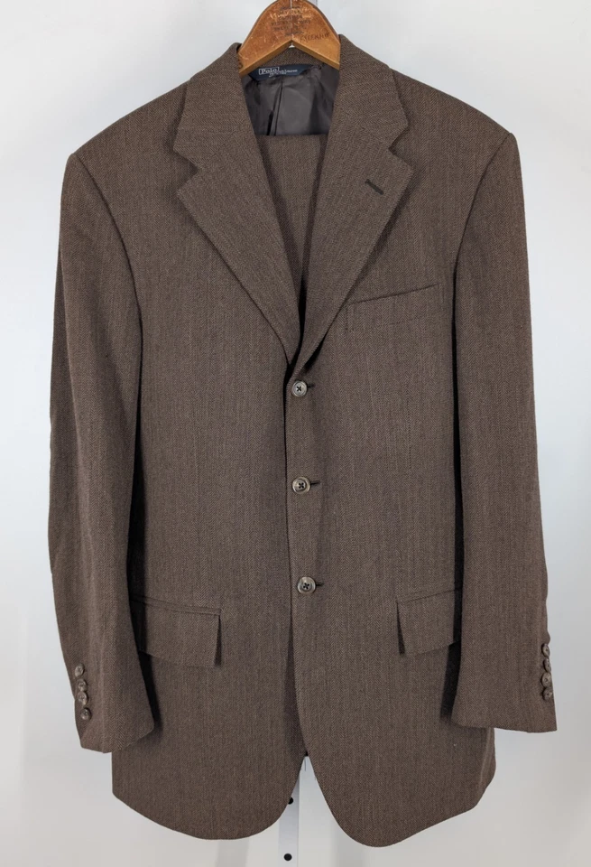Polo Ralph Lauren Herringbone Brown 2 Piece Suit 38 Blazer 31 Pants Italy Tailor - Image 3 of 4