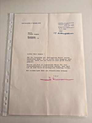 Gerhard Fieseler Brief 1959 Autograf Signatur Wiesbaden Joseph Aumann Chronik-Po