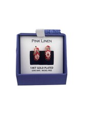 Pink Linen Gold Plated Red Enamel Floral Flower Hoop Pierced Earrings in Box
