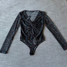 Lulus Bodysuit Women Small Black Multi NEW Floral Mesh Twist Front Long Sleeve