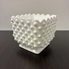 Vintage Fenton Hobnail Milk Glass Square Footed Planter Vase Scalloped Edge